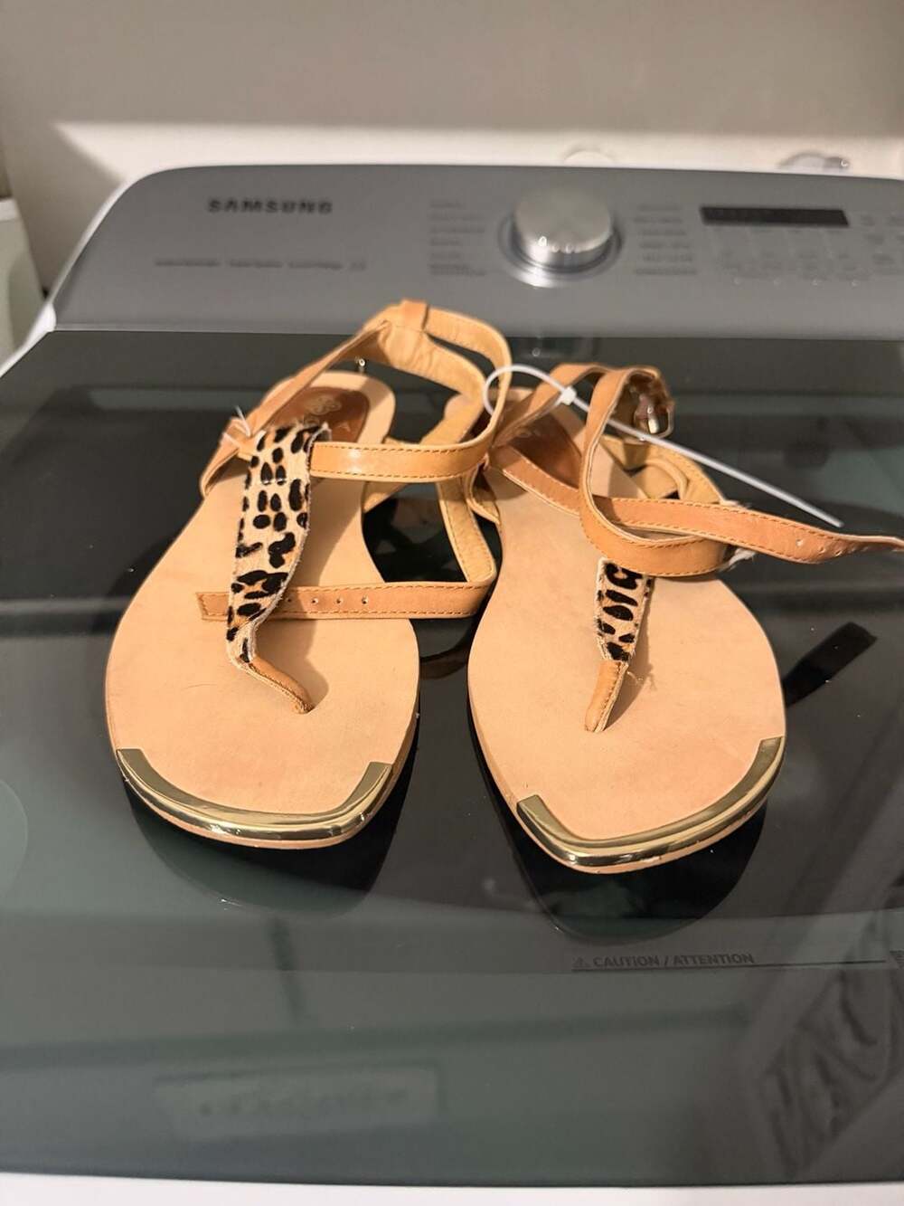 ISOLA Tan Leather and Leopard Calf Hair Ankle Strap Flat Sandals Size 7.5M